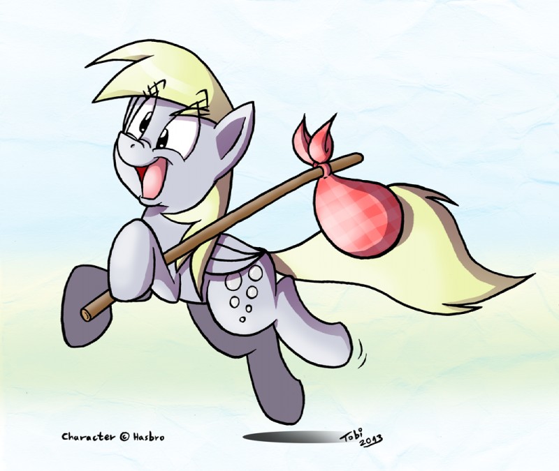 amber_eyes bindle blonde_hair cutie_mark feathered_wings feathers female feral fur grey_body grey_feathers grey_fur hair open_mouth shadow simple_background smile solo stick tongue white_background wings yellow_eyes tobibrocki friendship_is_magic hasbro my_little_pony mythology derpy_hooves_(mlp) equid equine mammal mythological_creature mythological_equine pegasus 2013 signature