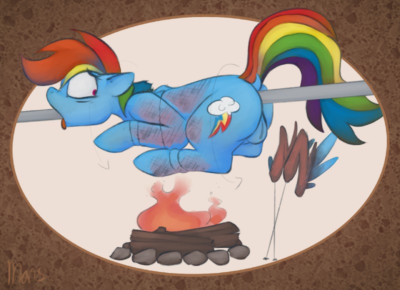 all_the_way_through cooking cooking_with_furs female feral fire food_dressed genitals impalement orange_tongue penetration pussy roasting_spit rock solo spitted threaded_by_object tongue tongue_out wings marsminer friendship_is_magic hasbro my_little_pony mythology rainbow_dash_(mlp) equid equine mammal mythological_creature mythological_equine pegasus 2017