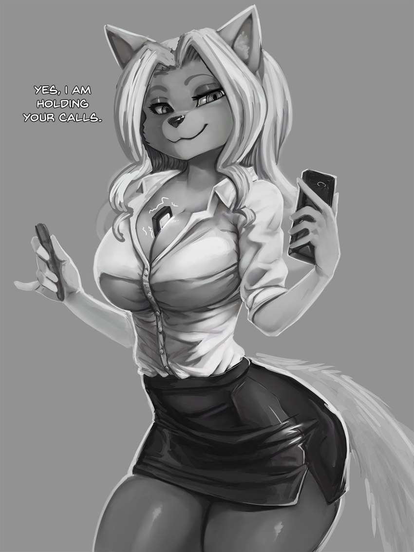 5_fingers anthro big_breasts bottomwear breasts businesswear cleavage clothed clothing electronics female fingers furgonomics grey_background hair holding_object holding_pen holding_phone holding_writing_utensil looking_at_viewer pen pencil_skirt phone shirt simple_background skirt smile solo tail tail_through_skirt topwear vibrating_phone writing_utensil general-irrelevant cheese_quesadilla felid mammal 3:4 digital_media_(artwork) hi_res