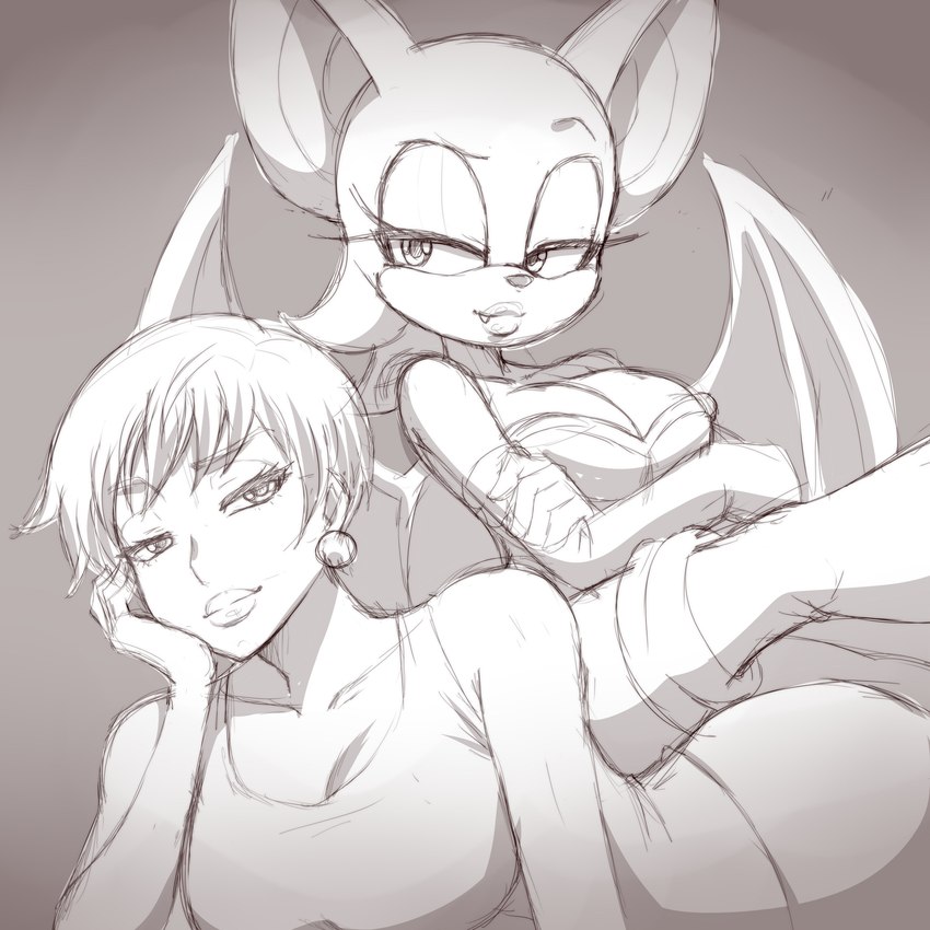 anthro bedroom_eyes big_breasts bottomwear breasts cleavage clothed clothing crossed_arms duo ear_piercing ear_ring fangs female hand_on_head holding_head lying narrowed_eyes on_front piercing ring_piercing seductive shirt shorts smile teeth topwear wings simmsyboy sega sonic_the_hedgehog_(series) rouge_the_bat topaz_(sonic) bat eulipotyphlan hedgehog human mammal 1:1 2023 absurd_res hi_res line_art sketch