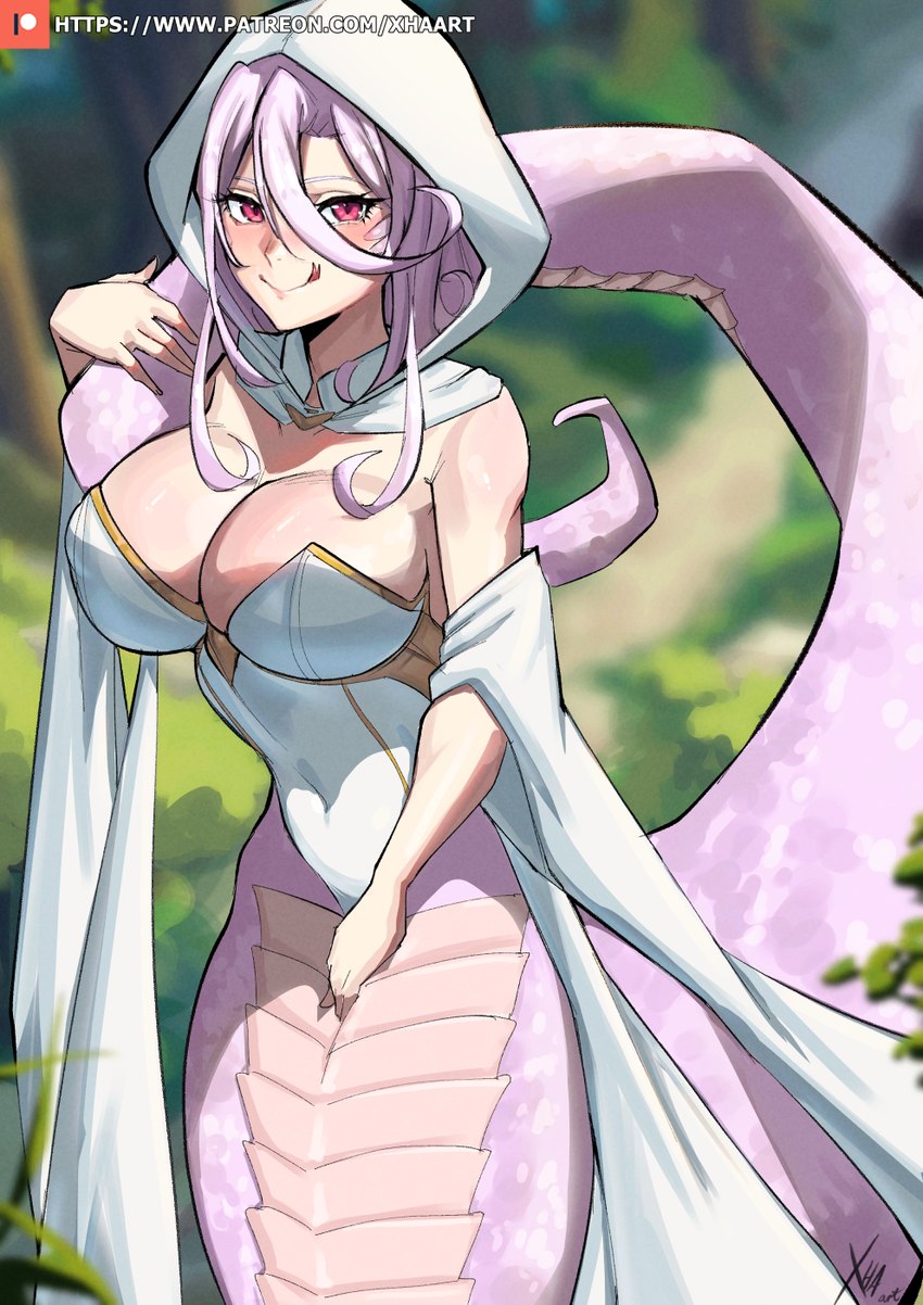 apode blush breasts clothed clothing eyelashes female hair legless looking_at_viewer pupils serpentine smile solo split_form tongue tongue_out xhaart saphentite_neikes_(monster_musume_no) draconcopode lamia reptile scalie snake digital_media_(artwork) hi_res