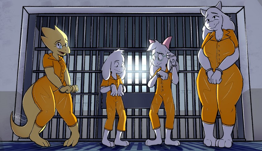 2_horns 3_toes anthro big_breasts big_tail black_eyes breasts buckteeth cleavage clothed clothing cuff_(restraint) eyewear feet female fingers floppy_ears fur glasses group handcuffs horn lop_ears male metal_cuffs open_mouth prison prison_uniform prisoner restraints size_difference tail teeth thick_thighs toes uniform white_body white_fur yellow_body yellow_skin young young_anthro jarethnerl deltarune undertale undertale_(series) alphys asriel_dreemurr ralsei toriel bovid caprine goat lizard mammal reptile scalie digital_media_(artwork)