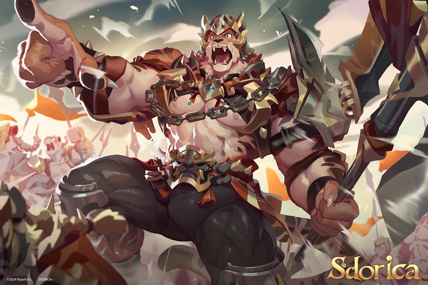 5_fingers anthro armor army big_bulge bulge chain claws fingers group humanoid_hands male muscular muscular_anthro muscular_male muscular_thighs nipples solo_focus tan_nipples unconvincing_armor null-ghost sdorica general_yu felid mammal pantherine tiger 2024 colored hi_res official_art