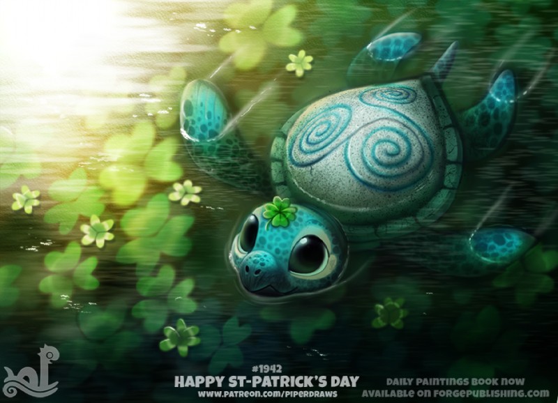 ambiguous_gender black_eyes clover_(plant) clover_leaf feral flower four_leaf_clover green_body green_scales holidays leaf plant scales solo swimming text triskelion water piper_thibodeau st._patrick's_day reptile scalie turtle digital_media_(artwork) digital_painting_(artwork) url