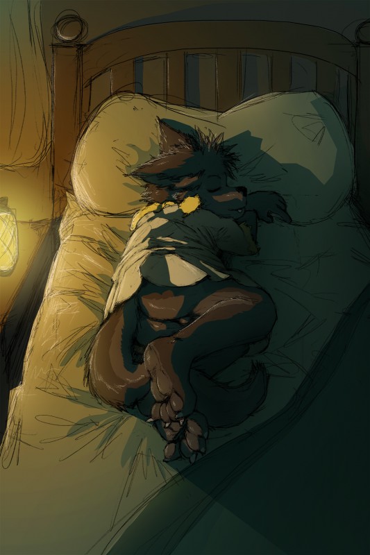 4_toes anthro balls barefoot bed biped black_body black_fur bottomless butt casual_exposure clothed clothing eyes_closed fangs feet fur furniture genitals male nightwear paws sleeping smile solo tail tail_between_legs teeth toes young young_anthro dakkawoof dakka canid canine canis mammal wolf 2018 2:3 hi_res