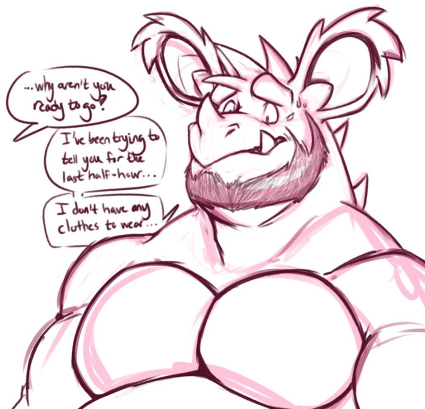 anthro beard belly facial_hair male muscular muscular_male offscreen_character pecs solo speech_bubble text chibsarts nintendo pokemon nidochi generation_1_pokemon nidoking pokemon_(species) english_text