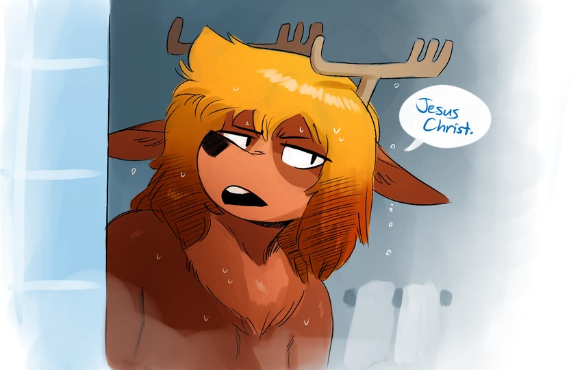 anthro biped black_eyes black_nose blonde_hair brown_body brown_fur detailed_background dialogue ears_aside eyebrows female fur hair open_mouth solo speech_bubble teeth text wet the-minuscule-task louise_(the-minuscule-task) deer mammal