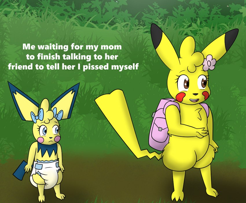 adolescent ageplay anthro bodily_fluids clothing diaper diaper_use duo female genital_fluids grass infantilism outside peeing plant roleplay unclean_diaper urine used_diaper wet_diaper wetting young hydroftt nintendo pokemon bluebell_fiorello peony_fiorello generation_1_pokemon generation_2_pokemon pichu pikachu pokemon_(species) meme sibling_(lore) sister_(lore) sisters_(lore)