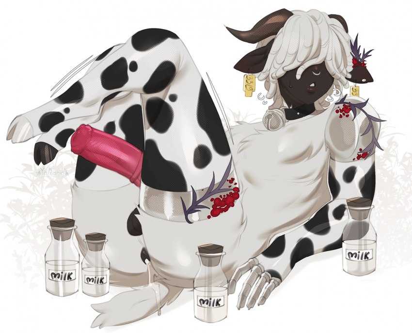 animal_genitalia animal_penis animal_print animal_print_thigh_highs anthro balls bell bell_collar bodily_fluids bottle butt clothing collar container cow_print cow_print_thigh_highs cum cum_drip cum_in_ass cum_inside dripping ear_piercing ear_tag equine_genitalia equine_penis erection facial_piercing flared_penis fur genital_fluids genitals hair hair_over_eyes horn legwear male mechanical_arm milk_bottle milk_container nose_piercing nose_ring number numbered_ear_tag numbered_tag pattern_clothing pattern_legwear pattern_thigh_highs penis penis_tuck piercing ring_piercing simple_background solo tail text thigh_highs white_body white_fur white_hair oatmealkasha bovid caprine goat mammal digital_media_(artwork) hi_res