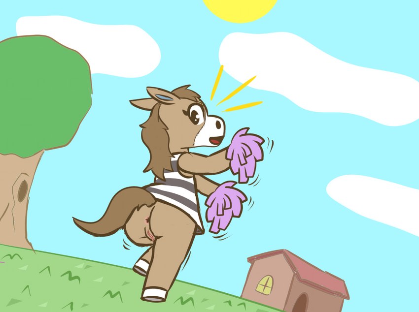 anthro anus bottomless cheerleader clothed clothing female genitals looking_back outside plant pussy solo tree weirdkoaladream animal_crossing nintendo winnie_(animal_crossing) equid equine horse mammal