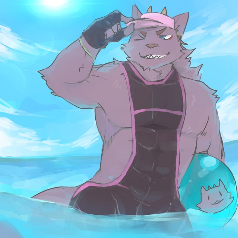 anthro ball beach_ball bulge clothing hat headgear headwear inflatable kemono male muscular muscular_anthro muscular_male one_eye_closed pool_toy solo tight_clothing visor_cap water wetsuit wink tukae_nai lifewonders tokyo_afterschool_summoners bathym_(tas) canid canine canis demon mammal wolf 1:1 hi_res