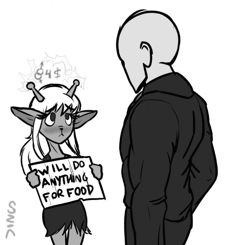 age_difference antennae_(anatomy) anthro bald blush clothing duo eyelashes female hair homeless imminent_sex male muscular muscular_male prostitution size_difference text young captainjingo samurai_jack anon bue_(character) alien canid canine emoji_(race) human mammal english_text greyscale monochrome