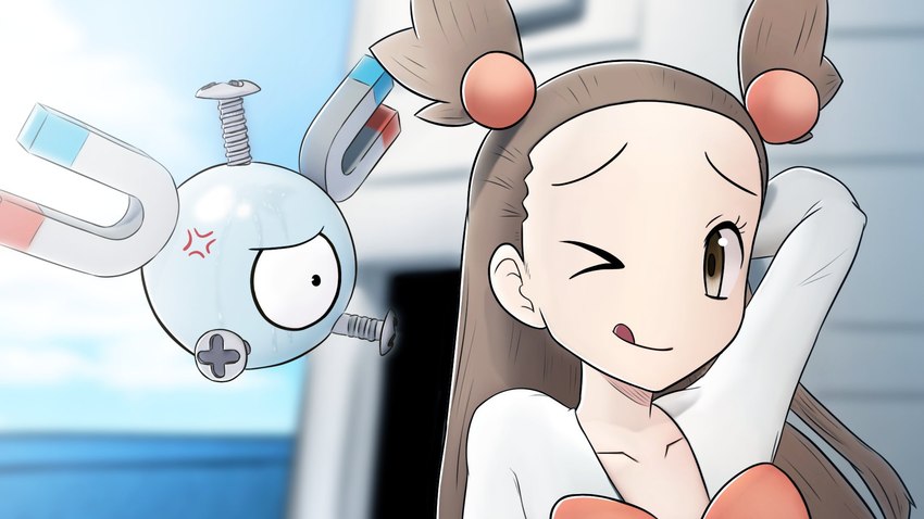 ambiguous_gender angry blep brown_eyes brown_hair cross-popping_vein duo female gym_leader hair hand_behind_head magnet not_furry one_eye_closed tongue tongue_out wink greatm8sfm nintendo pokemon jasmine_(pokemon) generation_1_pokemon human magnemite mammal pokemon_(species) 16:9 hi_res widescreen