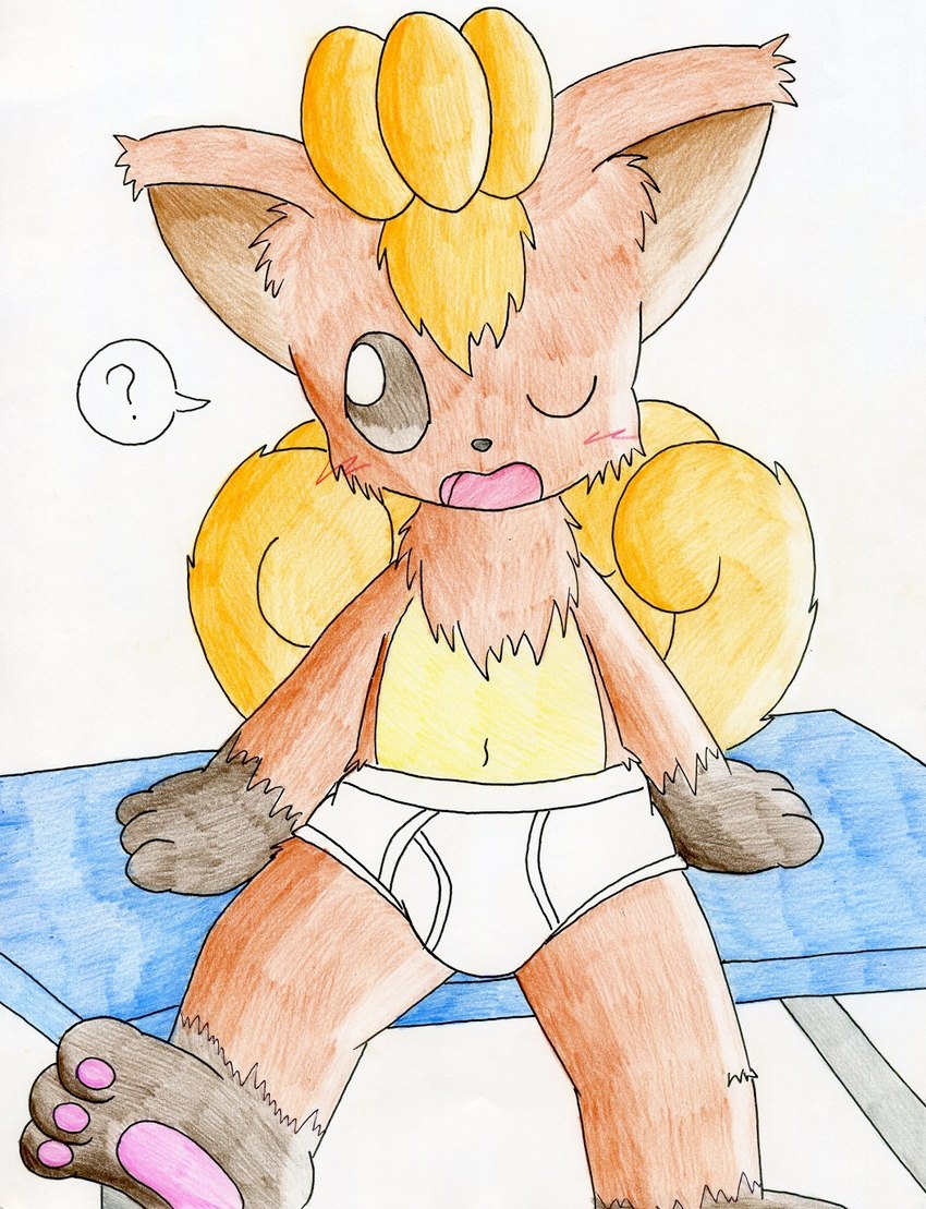 briefs clothing fur male orange_body orange_fur paws question_mark solo tighty_whities underwear white_briefs white_clothing white_underwear young gohami nintendo pokemon generation_1_pokemon pokemon_(species) vulpix hi_res portrait three-quarter_portrait