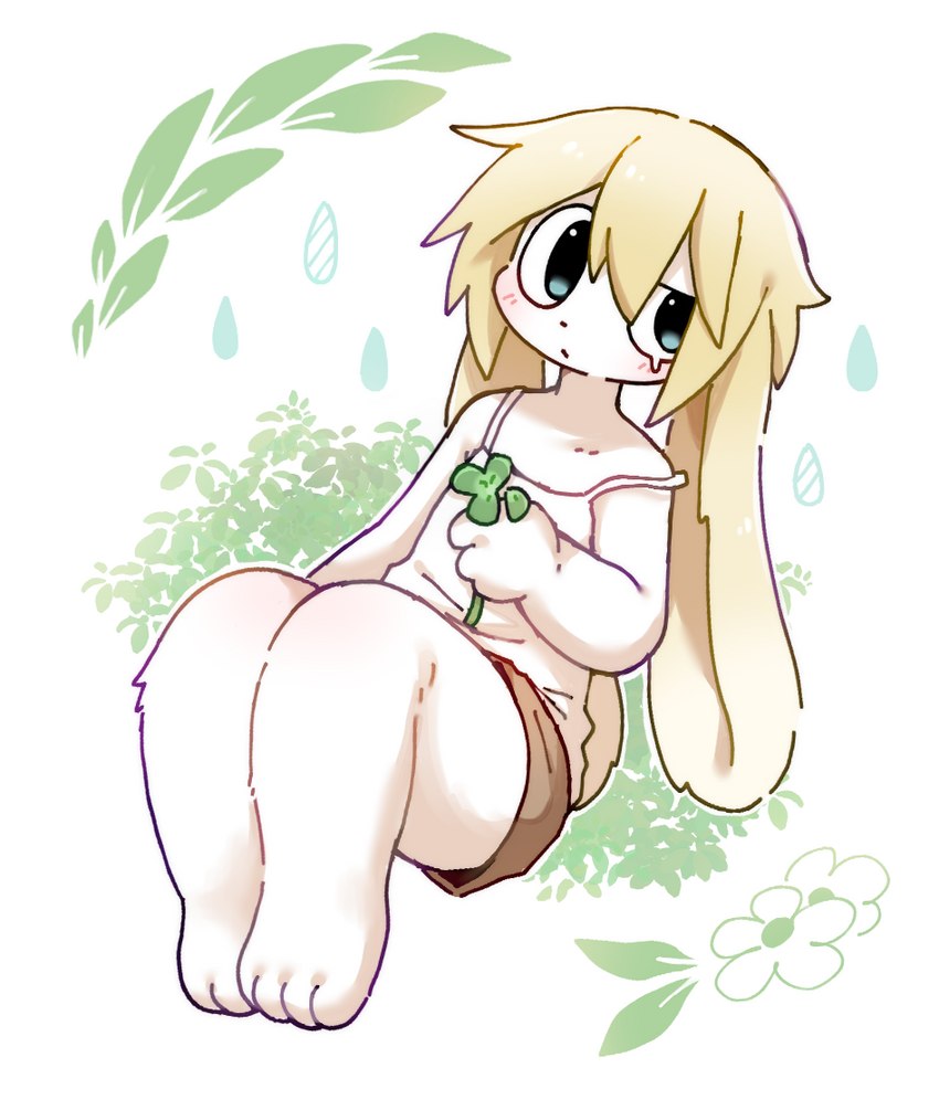 4_toes ambiguous_gender anthro barefoot big_ears biped blonde_hair blue_eyes bottomwear clothed clothing clover_(plant) clover_leaf feet floppy_ears four_leaf_clover front_view fully_clothed fur hair holding_clover holding_four_leaf_clover holding_object holding_plant kemono leaf long_ears looking_at_viewer lop_ears monotone_hair monotone_tail multicolored_body multicolored_ears multicolored_fur plant shirt short_hair shorts shrub sitting solo tail tank_top three-quarter_view toes topwear two_tone_body two_tone_ears two_tone_fur white_body white_clothing white_ears white_fur white_inner_ear white_shirt white_tail white_topwear yellow_body yellow_ears yellow_fur young young_ambiguous young_anthro non_nya_nya lagomorph leporid mammal rabbit 2023 colored digital_media_(artwork) full-length_portrait portrait shaded