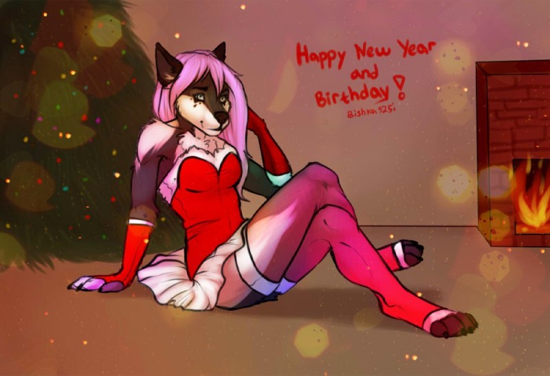 anthro bare_shoulders biped bottomwear breasts christmas_tree clothed clothing eyebrows female fireplace fur hair holidays inside legwear long_hair pink_hair plant sitting skirt smile solo text thigh_highs tree bishkah291ax48 christmas canid canine mammal digital_media_(artwork) english_text shaded