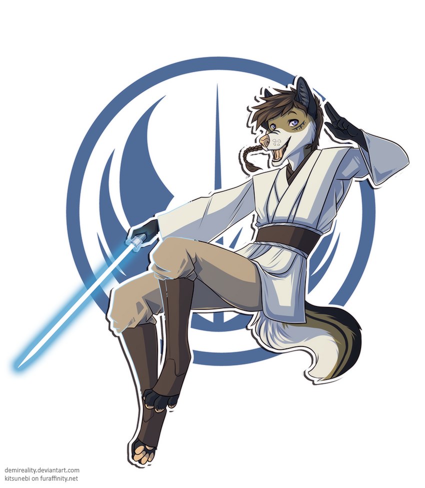 anthro biped black_body black_ears black_fur black_tail blue_eyes blue_lightsaber bottomwear brown_hair clothing fangs front_view fur glistening glistening_eyes grey_inner_ear_fluff hair inner_ear_fluff jedi_crest jedi_tunic lightsaber male melee_weapon open_mouth open_smile padawan_braid pawpads pink_nose pink_pawpads pink_tongue smile solo tail tan_body tan_bottomwear tan_clothing tan_fur tan_tail teeth tongue topwear tuft weapon white_body white_clothing white_fur white_tail white_topwear demireality star_wars canid canine mammal