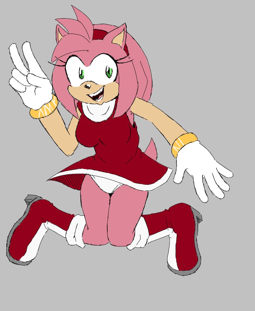 anthro biped boots breasts clothing dress female footwear fur gloves green_eyes grey_background handwear jumping medium_breasts panties panty_shot pink_body pink_fur red_clothing red_dress shoes simple_background solo tail underwear white_clothing white_gloves white_handwear white_panties white_underwear ghostspookygoo sega sonic_the_hedgehog_(series) amy_rose eulipotyphlan hedgehog mammal 2023 hi_res