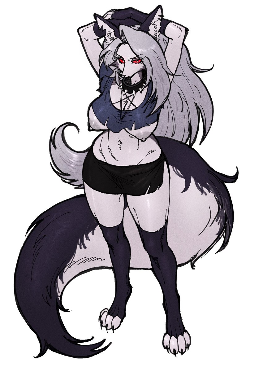 anthro big_breasts breasts casual_exposure claws clothed clothing female fluffy fluffy_tail fur grey_hair hair nipples partially_clothed simple_background solo standing tail thick_thighs white_body white_fur cursedanchovy helluva_boss mythology loona_(helluva_boss) canid canid_demon canine demon hellhound mammal mythological_canine mythological_creature hi_res