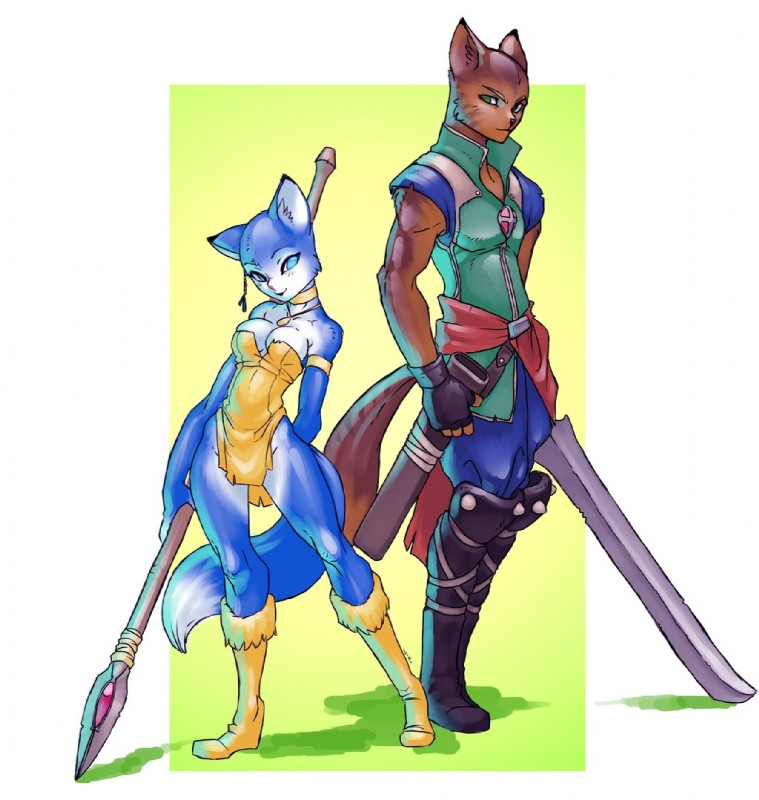 anthro blue_body blue_eyes blue_fur blue_hair breasts cleavage clothed clothing duo female fur hair male melee_weapon polearm staff sword tribal weapon white_body white_fur luigiix dinosaur_planet rareware krystal_(dinosaur_planet) sabre_(dinosaur_planet) canid canine canis fox mammal wolf digital_media_(artwork) full-length_portrait portrait