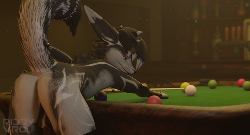 anthro armwear backsack ball balls billiard_ball billiard_table butt clothing cue_stick fur furniture genitals grey_body grey_fur latex latex_armwear latex_clothing latex_legwear latex_thigh_highs leaning_on_table legwear looking_at_viewer looking_back male markings presenting presenting_hindquarters red_eyes table thigh_highs white_markings riddyvrc blender_cycles riddy rexouium 3d_(artwork) absurd_res blender_(artwork) digital_media_(artwork) hi_res