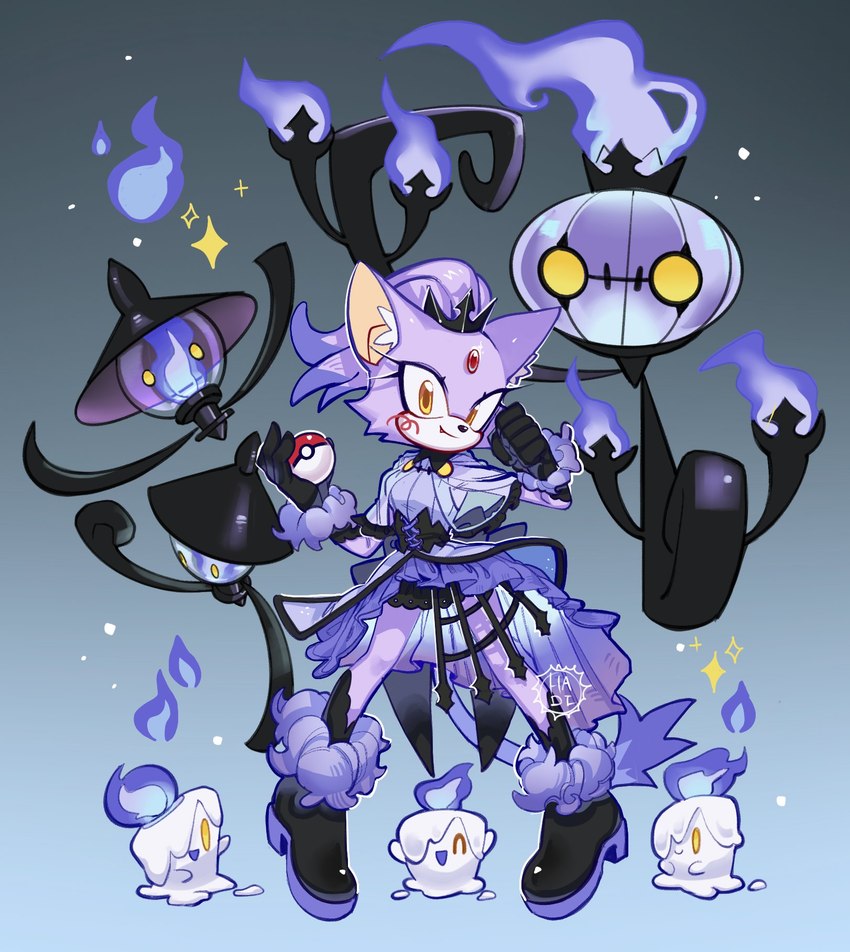 5_fingers anthro biped black_nose clothed clothing dress eyelashes female feral fingers fire front_view fur group hair looking_at_viewer pokeball ponytail purple_body purple_fur simple_background smile standing yellow_eyes 3bat_hadi3 nintendo pokemon sega sonic_the_hedgehog_(series) blaze_the_cat chandelure domestic_cat felid feline felis generation_5_pokemon lampent litwick mammal pokemon_(species) 2022 crossover full-length_portrait hi_res portrait signature