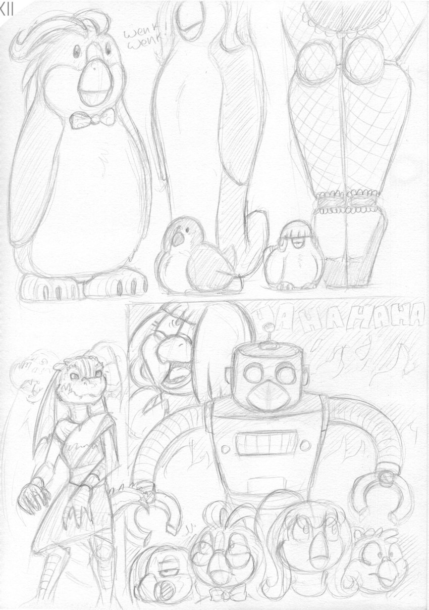 anthro beak bow_tie eyewear feathers female glasses hair laugh machine smile wings drxii fleetway_comics sega sonic_the_comic sonic_the_hedgehog_(comics) sonic_the_hedgehog_(series) blueberry_kobold frieda_locke kiara_(drxii) maidbot_(drxii) penny_locke tekno_the_canary tryst_(drxii) avian bird canary finch kakapo kobold oscine parrot passerine penguin reptile robin_(bird) robot scalie strigopoid hi_res monochrome sketch traditional_media_(artwork)