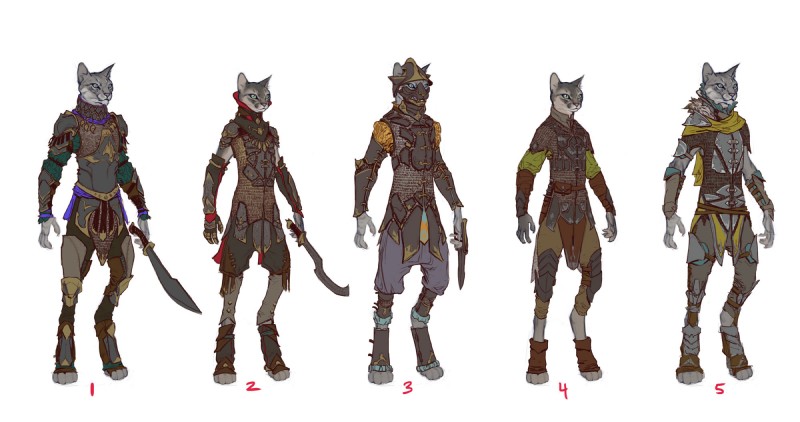 ambiguous_gender anthro armor clothing digitigrade headgear helmet lineup melee_weapon multiple_outfits solo sword weapon steve_hong overgrowth domestic_cat felid feline felis mammal hi_res