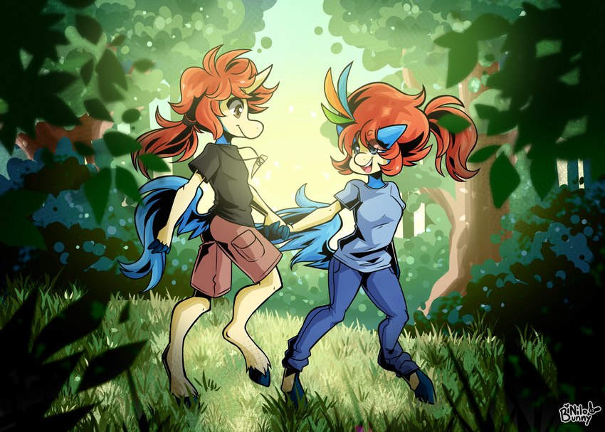 anthro clothed clothing duo female hair jewelry male necklace pokemorph tail hamsteroftime nintendo pokemon ales_morse generation_5_pokemon humanoid keldeo keldeo_(ordinary_form) keldeo_(resolute_form) legendary_pokemon pokemon_(species) colored digital_drawing_(artwork) digital_media_(artwork) hi_res