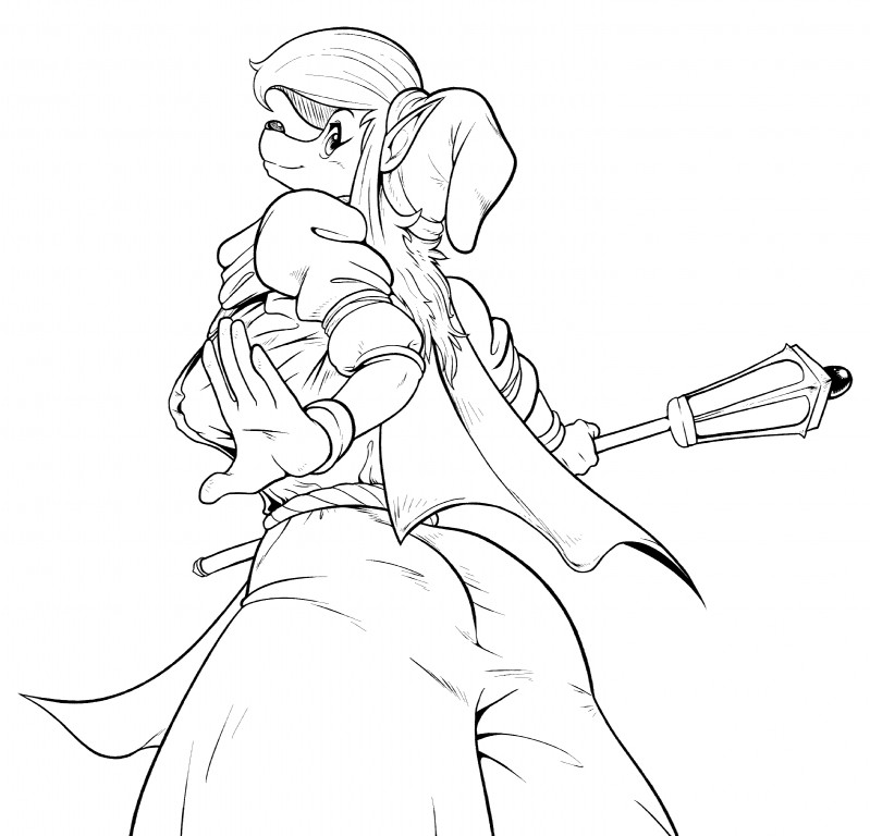 anthro clothed clothing female gloves handwear hat headgear headwear looking_at_viewer low-angle_view simple_background smile solo staff white_background dawmino sega shining_(sega) shining_force khris_(shining) absurd_res digital_drawing_(artwork) digital_media_(artwork) hi_res monochrome