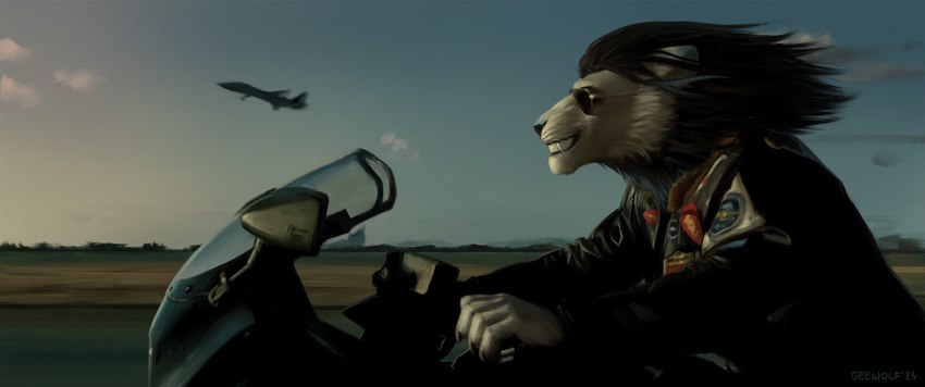 5_fingers aircraft airplane anthro clothing fingers hair jacket jet logo_on_clothing male motorcycle racing road sky solo sunset topwear vehicle geewolf top_gun felid lion mammal pantherine 2025 digital_media_(artwork) hi_res signature