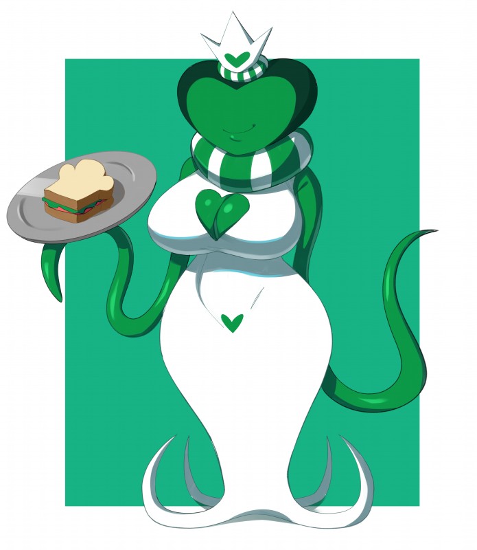 big_breasts breasts cleavage cleavage_cutout clothed clothing cutout female food fully_clothed green_background not_furry sandwich_(food) simple_background solo tentacles officialmossy deltarune undertale_(series) darkner hathy humanoid monster absurd_res hi_res