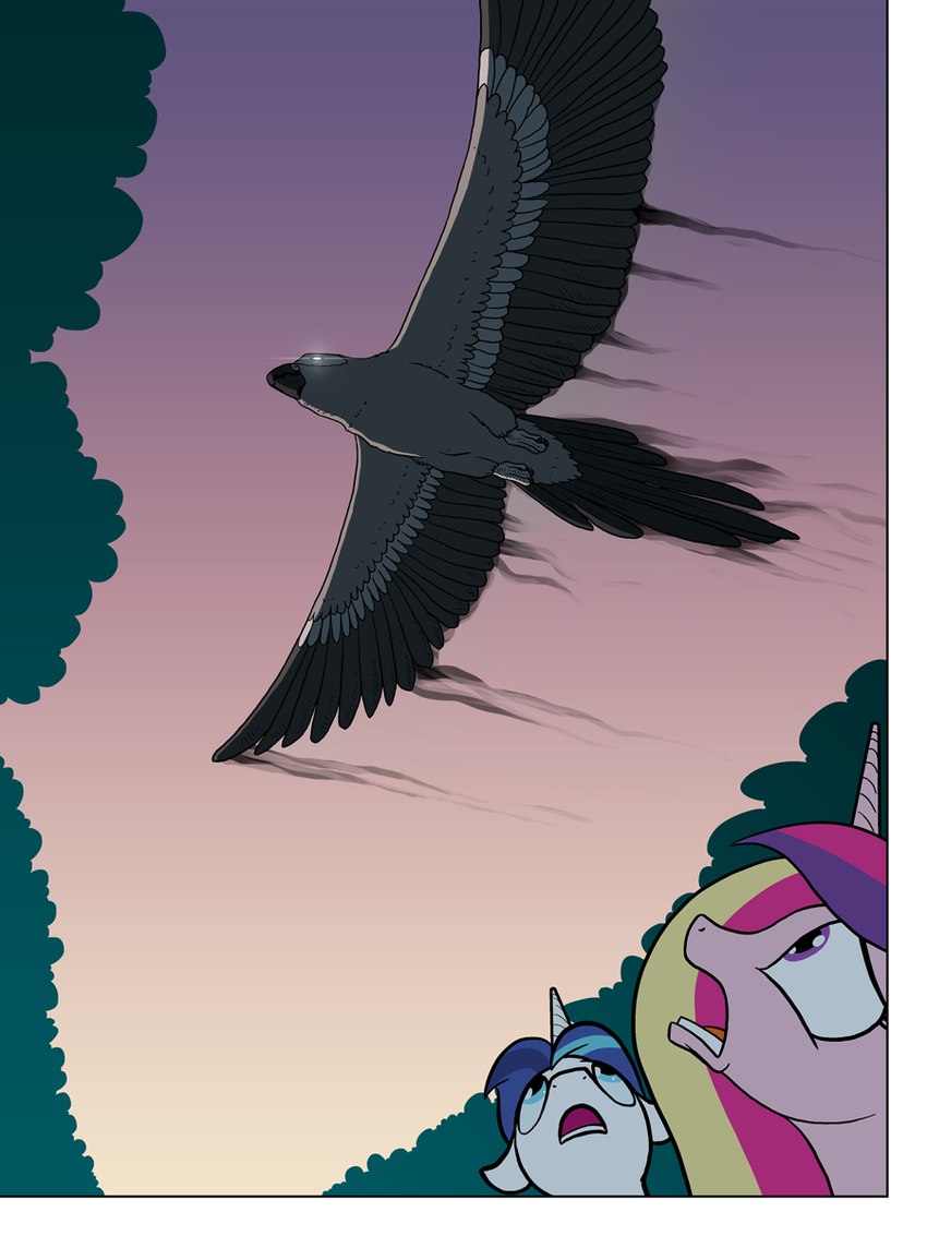 dismayed female feral flying glowing glowing_eyes group horn looking_up magic male open_mouth outside plant spread_wings sunset tree trio wide_eyed wings arofatamahn friendship_is_magic hasbro my_little_pony mythology gralo princess_cadance_(mlp) shining_armor_(mlp) avian bird equid equine mammal mythological_creature mythological_equine parrot unicorn winged_unicorn 3:4 hi_res