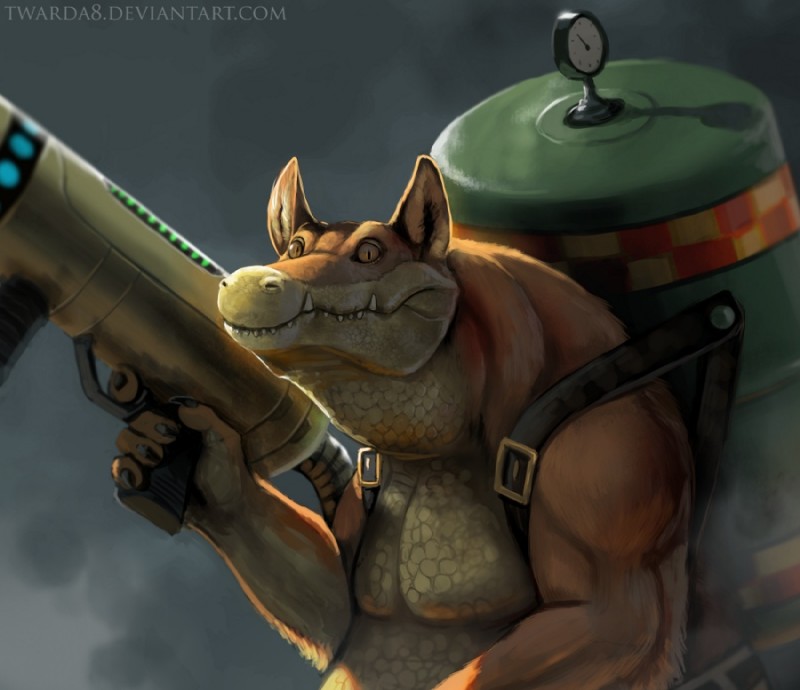 anthro biceps brown_body brown_fur claws close-up flamethrower fuel_tank fur grey_background looking_at_viewer male muscular muscular_anthro muscular_male pecs pupils ranged_weapon realistic scales sharp_teeth simple_background slit_pupils solo standing tan_body tan_skin teeth text triceps weapon yellow_eyes twarda8 activision crash_bandicoot_(series) naughty_dog sony_corporation sony_interactive_entertainment dingodile canid canine canis crocodile crocodilian dingo hybrid mammal reptile scalie 2014 digital_media_(artwork) digital_painting_(artwork) portrait shaded url