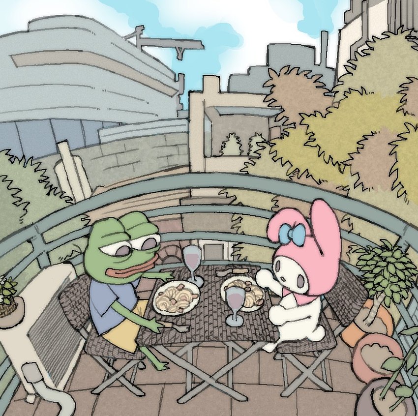 blue_bow chair cloud cloudy_sky date duo female furniture male male/female plant sitting sky tree pantsu-ripper onegai_my_melody sanrio my_melody pepe_the_frog amphibian frog lagomorph leporid mammal rabbit meme