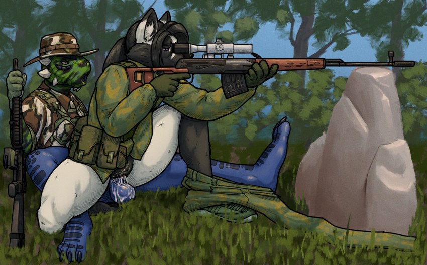 anthro assault_rifle balls blue_body blue_scales bodily_fluids bottomless bottomwear camo camo_bottomwear camo_clothing camo_pants camo_print clothed clothing cum cum_in_pussy cum_inside distracted distracted_sex duo erection female female_penetrated forest genital_fluids genitals gun holding_gun holding_object holding_ranged_weapon holding_weapon humanoid_genitalia humanoid_penis male male/female male_penetrating male_penetrating_female open_mouth outside pants pattern_bottomwear pattern_clothing pattern_pants penetration penis plant pussy ranged_weapon rifle scales sex shirt sniper_rifle topwear tree uniform vaginal vaginal_penetration weapon tall_lizzard_(artist) bethesda_game_studios microsoft the_elder_scrolls tristen argonian canid canine fox mammal red_fox reptile scalie silver_fox true_fox