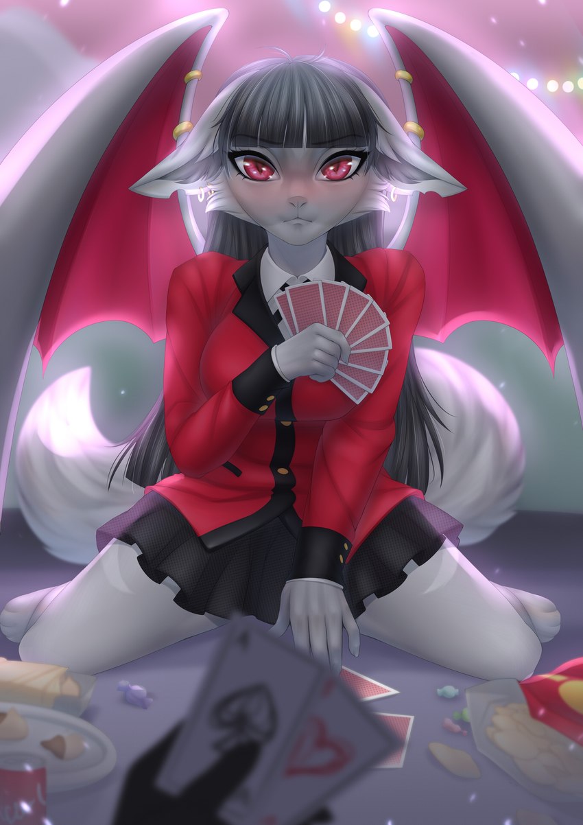 black_hair clothing ear_piercing female frown gambling hair inner_ear_fluff piercing poker red_eyes solo tuft wings ules kakegurui artemis_(plaguedwolf) bat mammal absurd_res hi_res