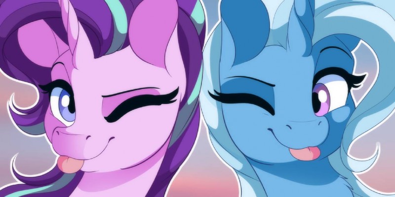 duo female horn one_eye_closed tongue tongue_out wink dvixie friendship_is_magic hasbro my_little_pony mythology starlight_glimmer_(mlp) trixie_(mlp) equid equine mammal mythological_creature mythological_equine unicorn 2:1 portrait