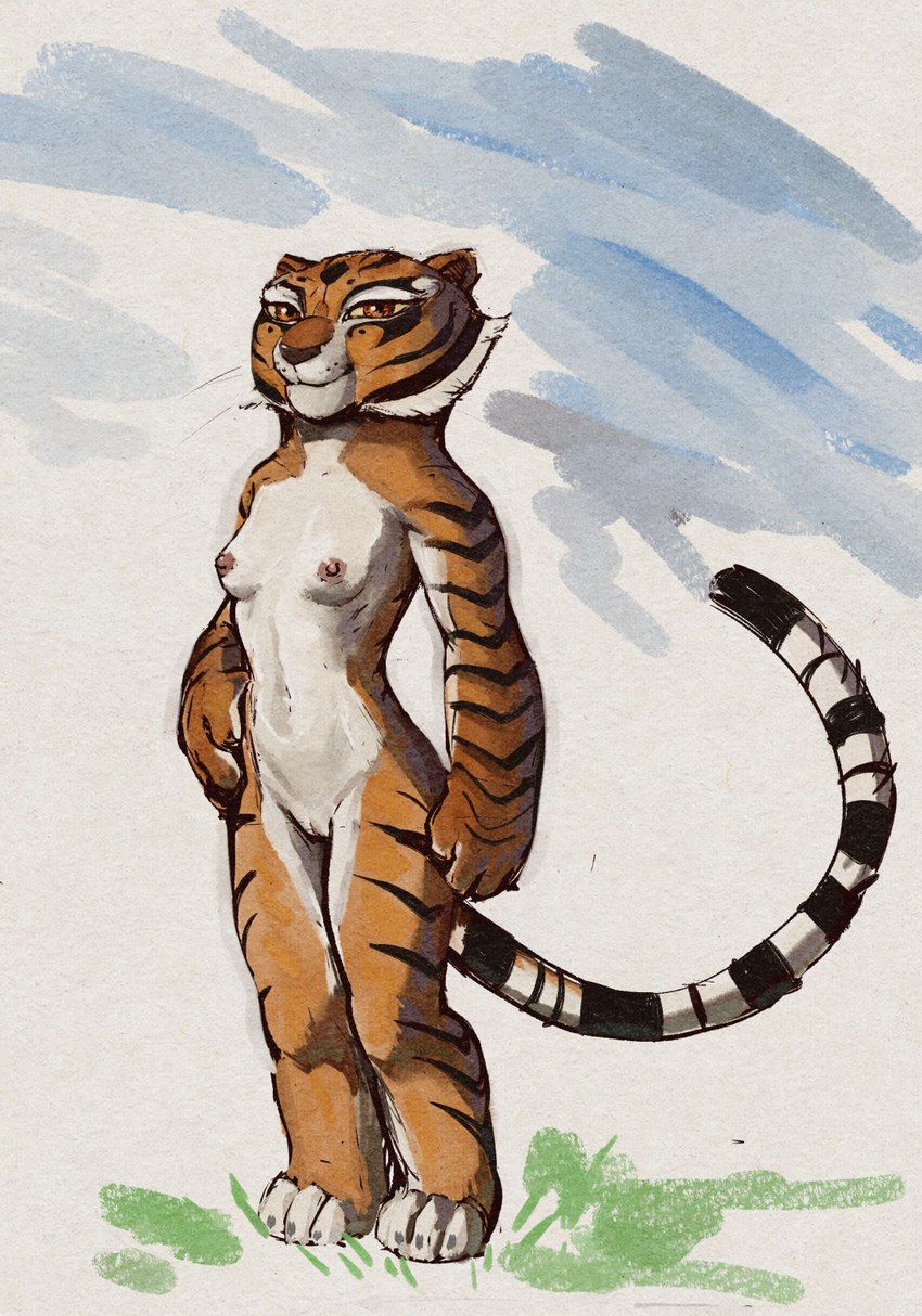 anthro breasts casual_nudity female genitals looking_at_viewer nipples nude nude_anthro nude_female pussy solo standing stripes sabrotiger dreamworks kung_fu_panda master_tigress felid mammal pantherine tiger 2023 full-length_portrait hi_res painting_(artwork) portrait traditional_media_(artwork) watercolor_(artwork)