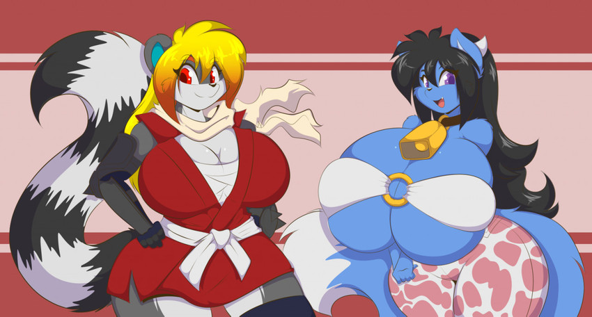 anthro bell bell_collar big_breasts black_hair blue_body blue_fur breasts cleavage clothed clothing collar cosplay cowbell duo female fur hair huge_breasts karate looking_at_viewer male male/female pose scarf smile smiling_at_viewer mastergodai interspecies_reviewers manyuu_hikenchou breya guinea_(interspecies_reviewers) lily_(dfstarfield) manyuu_chifusa canid canine fox lemur mammal primate strepsirrhine 2020 pinup