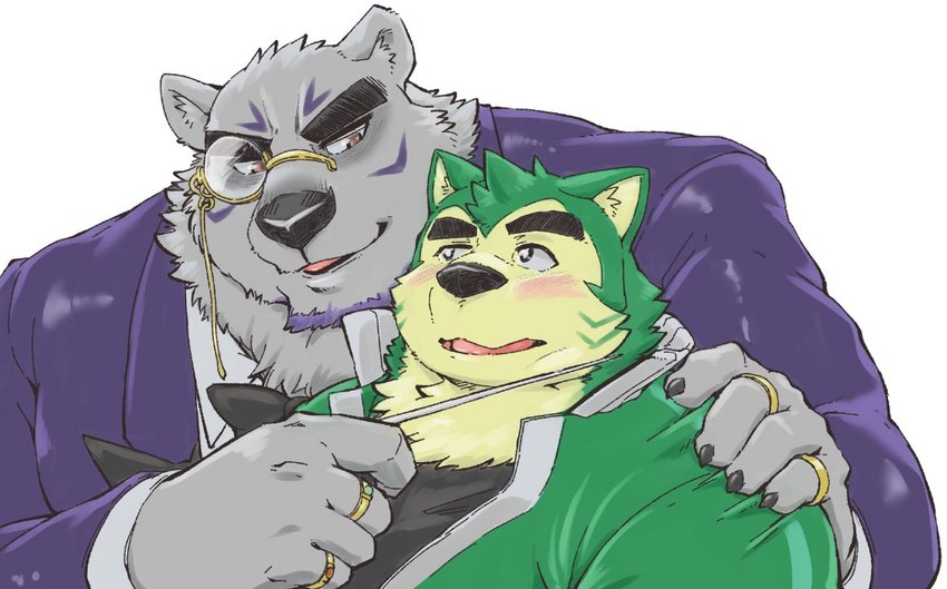 anthro black_nose blush clothed clothing duo fur green_body green_fur humanoid_hands kemono male overweight overweight_male white_body white_fur exe_exem lifewonders live_a_hero borealis_(live_a_hero) mokdai bear canid canine canis domestic_dog mammal polar_bear ursine 2022 digital_media_(artwork)