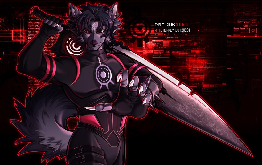 anthro black_body black_fur claws fur large_sword male melee_weapon solo sword sword_on_back text weapon zweihander ronkeyroo code_lyoko william_dunbar canid canine canis mammal wolf english_text hi_res