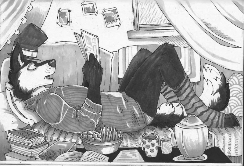 5_fingers anthro bed book clothed clothing container cup fingers food footwear furniture hat headgear headwear legwear lying male on_back pillow socks solo toeless_footwear toeless_socks top_hat underwear jeanwoof thehuskyk9 canid canine canis domestic_dog husky mammal nordic_sled_dog spitz greyscale hi_res monochrome sketch traditional_media_(artwork)