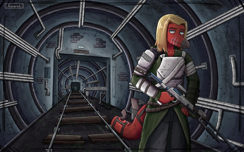 accessory anthro asymmetrical_clothing bag beak blonde_hair clothed clothing detailed_background flat_ended_tail frown fully_clothed furgonomics gun hair holding_gun holding_object holding_ranged_weapon holding_rifle holding_sniper_rifle holding_weapon inside male pipe railway_track ranged_weapon rifle sniper_rifle solo tail tail_accessory tail_bag train_tracks tunnel weapon rsbr metro_2033 dinosaur prehistoric_species reptile scalie 16:10 2024 colored hi_res widescreen