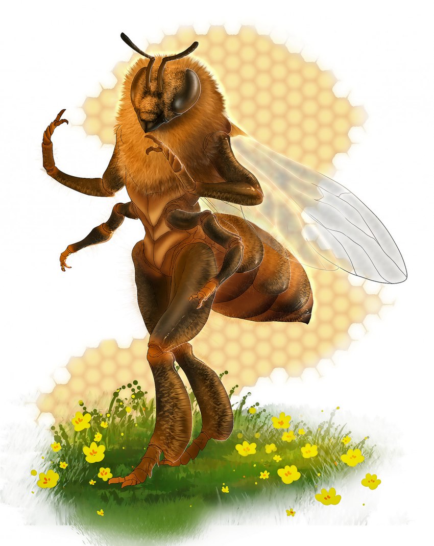 ambiguous_gender antennae_(anatomy) anthro arthropod_abdomen field flower grass honeycomb mandibles multi_arm multi_limb nude plant solo walking tellarasa arthropod bee honey_bee hymenopteran insect hi_res