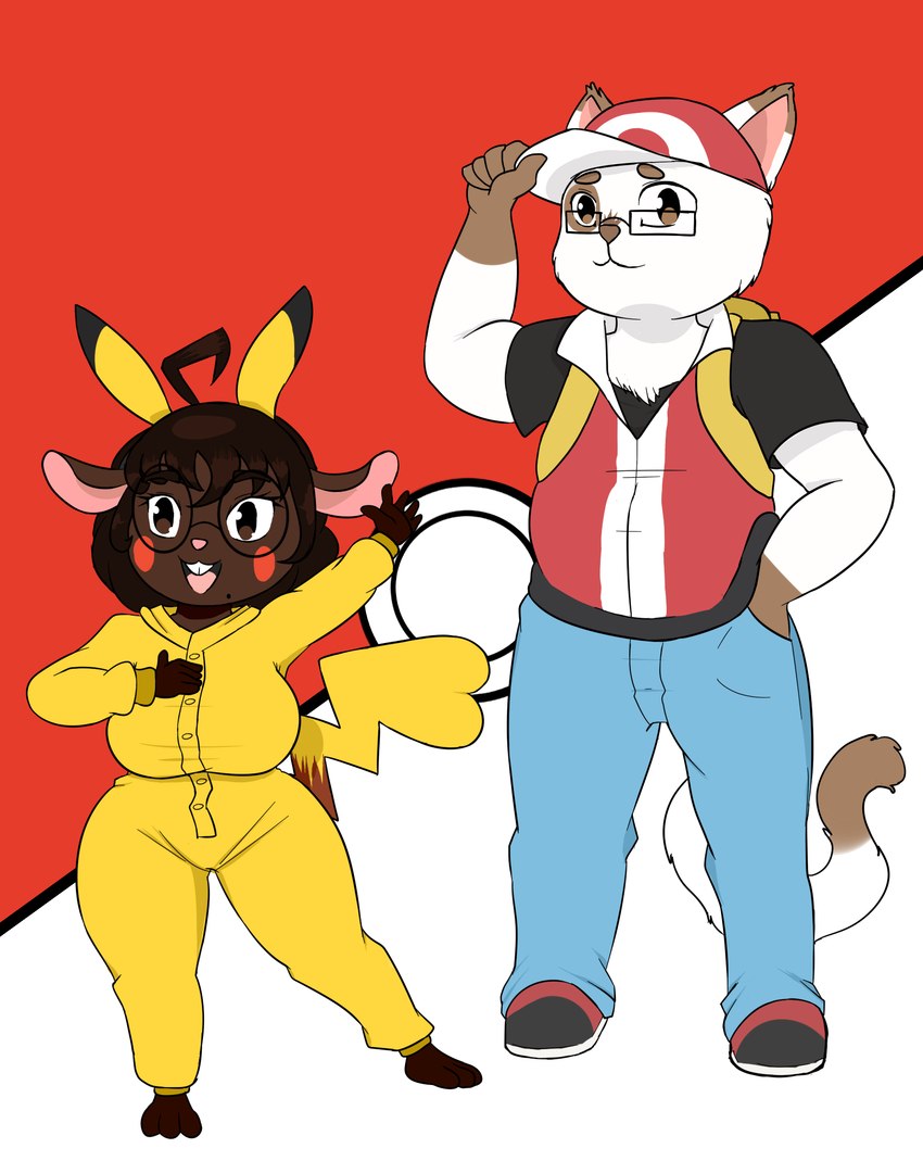 anthro clothing cosplay costume duo female hat headgear headwear looking_at_viewer male krustscrub gwen_geek nintendo pokemon gwen_martin pokemon_trainer red's_pikachu red_(pokemon) toshio_nakamura felid feline generation_1_pokemon mammal mouse murid murine pikachu pokemon_(species) rodent hi_res