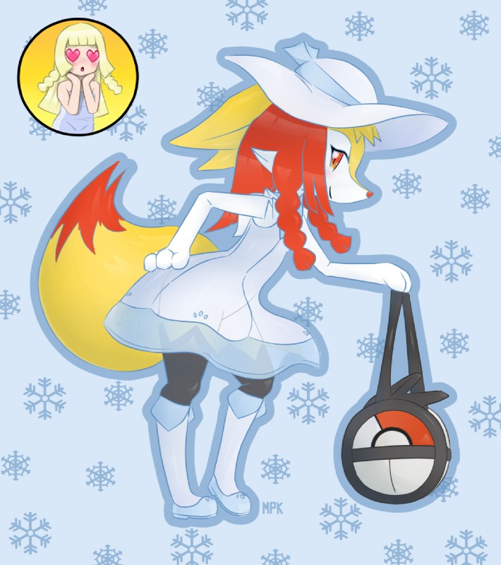 anthro blue_background blush clothed clothing cosplay female heart_eyes heart_symbol looking_at_viewer pattern_background side_view simple_background solo fullfolka nintendo pokemon lillie_(pokemon) pokemon_trainer braixen generation_6_pokemon human mammal pokemon_(species) hi_res