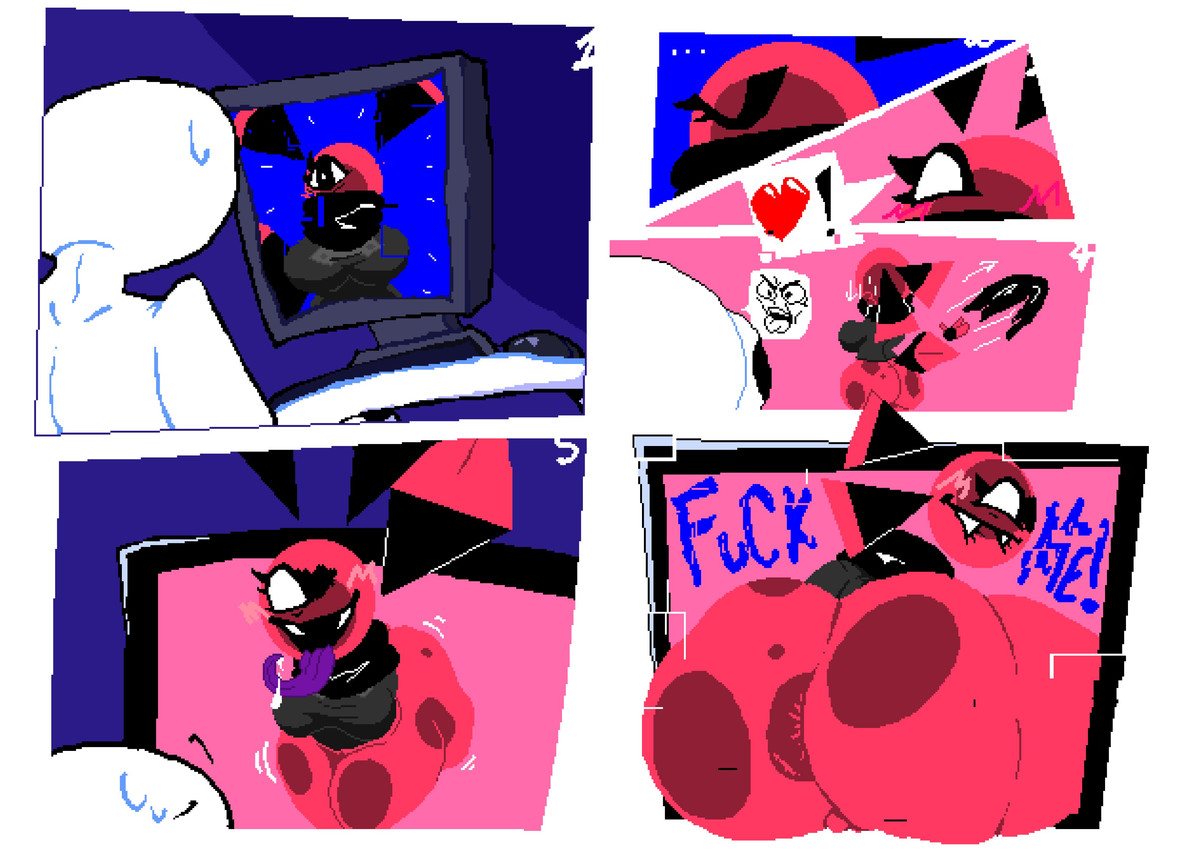 1_eye anus big_breasts big_butt biped blush bodily_fluids bottomless bottomless_female breasts butt clothed clothing computer duo electronics ellipsis eyelashes fangs female front_view heart_symbol inviting looking_at_another male motion_lines multicolored_body not_furry open_mouth presenting presenting_hindquarters rear_view red_body saliva simple_background standing sweat tail teeth text thick_thighs tongue tongue_out topwear two_tone_body undressing white_background needlemond neoblik_(needlemond) digital_creature human humanoid mammal 2023 absurd_res aliasing comic digital_drawing_(artwork) digital_media_(artwork) english_text hi_res pictographics