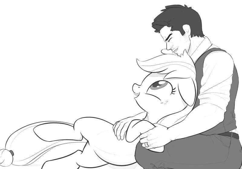 bed clothing cutie_mark duo eyes_closed female feral freckles furniture hair hat headgear headwear male txlegionnaire friendship_is_magic hasbro my_little_pony applejack_(mlp) tex_(txlegionnaire) earth_pony equid equine horse human mammal pony 2015 hi_res monochrome