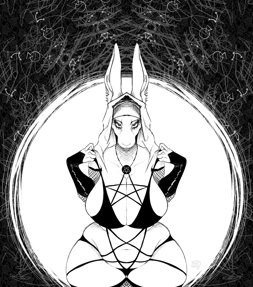 anthro armwear big_breasts biped breasts clothing female fishnet_armwear fishnet_clothing front_view huge_breasts looking_at_viewer mature_anthro mature_female nun occult_symbol pentacle pentagram potbelly slightly_chubby slightly_chubby_anthro slightly_chubby_female solo symbol thick_thighs wide_hips misscaine lilly_(waismuth) lagomorph leporid mammal rabbit 2023 absurd_res black_and_white hi_res monochrome